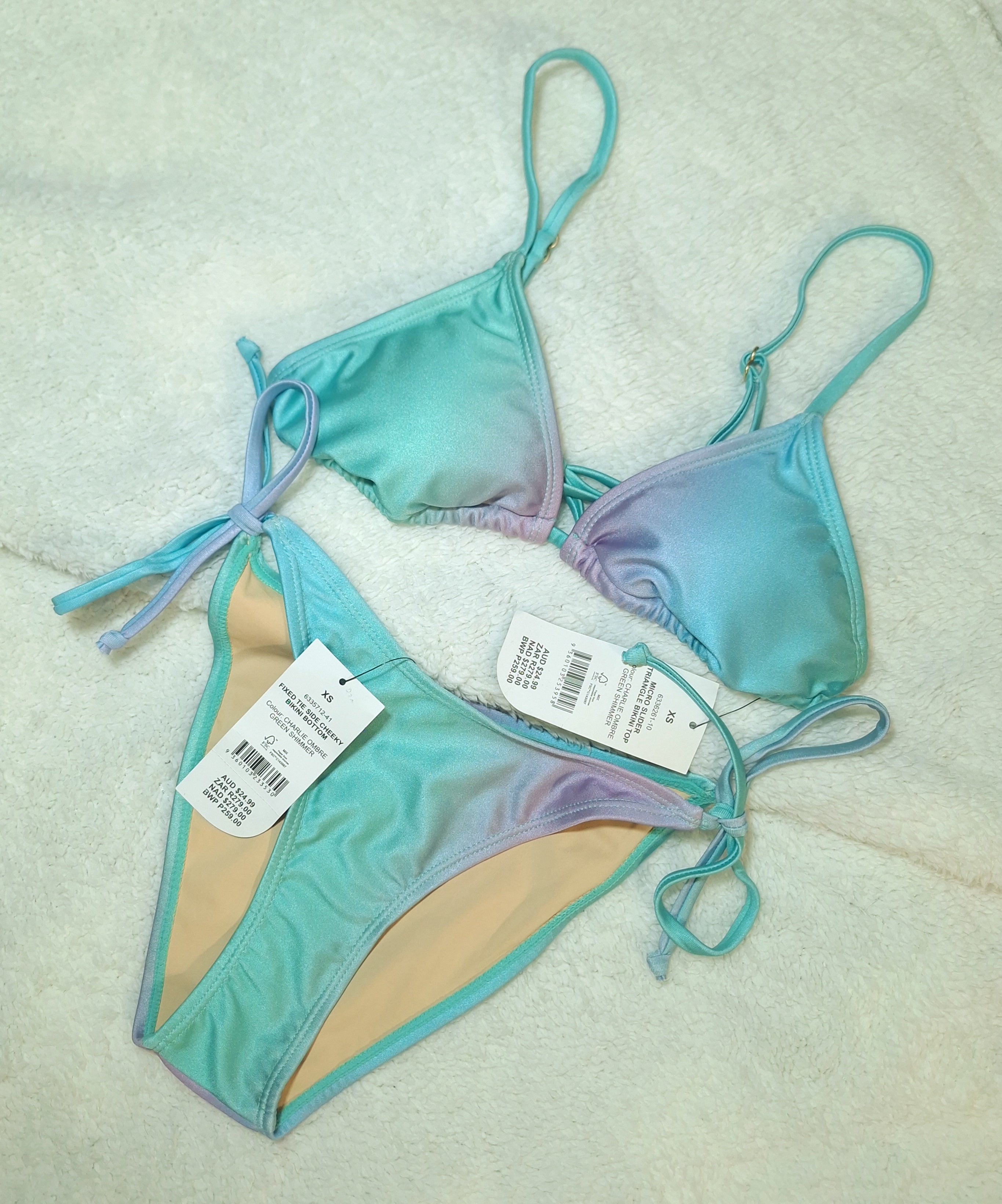 Cotton On Micro Slider Triangle Bikini Top and Fixed Tie Side Cheeky Bikini Bottom in Charlie Ombre Green Shimmer