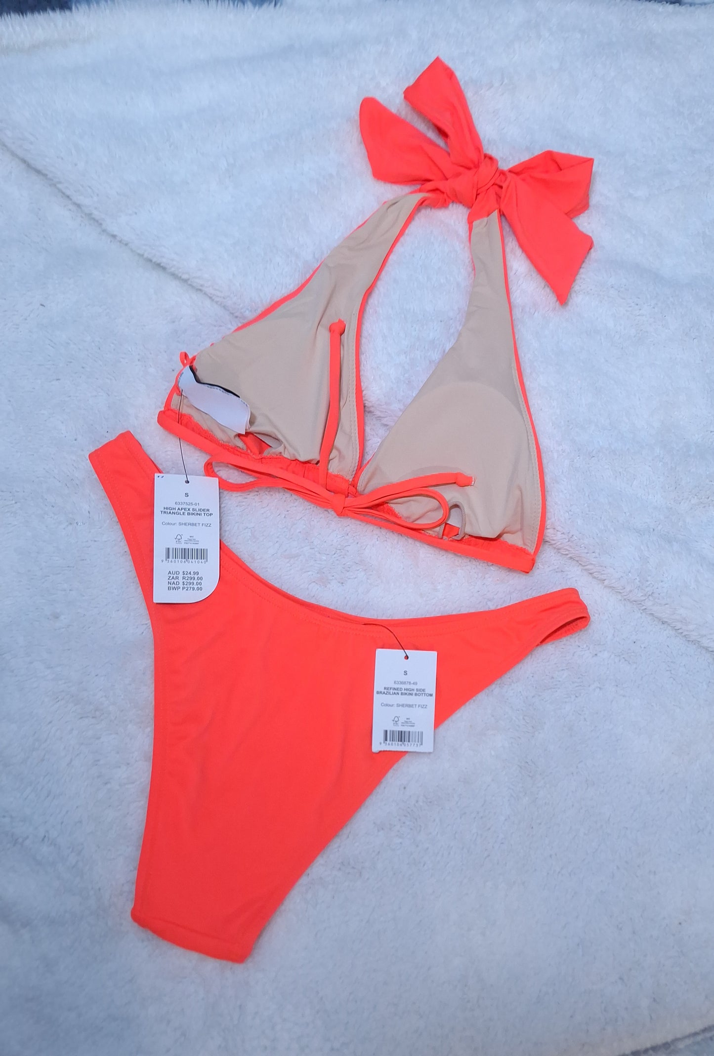 Cotton On High Apex Slider Triangle Bikini Top, Refined High Side Brazilian Bikini Bottom Colour: Sherbet Fizz