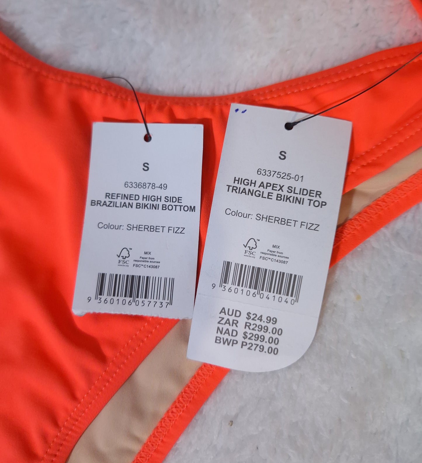 Cotton On High Apex Slider Triangle Bikini Top, Refined High Side Brazilian Bikini Bottom Colour: Sherbet Fizz