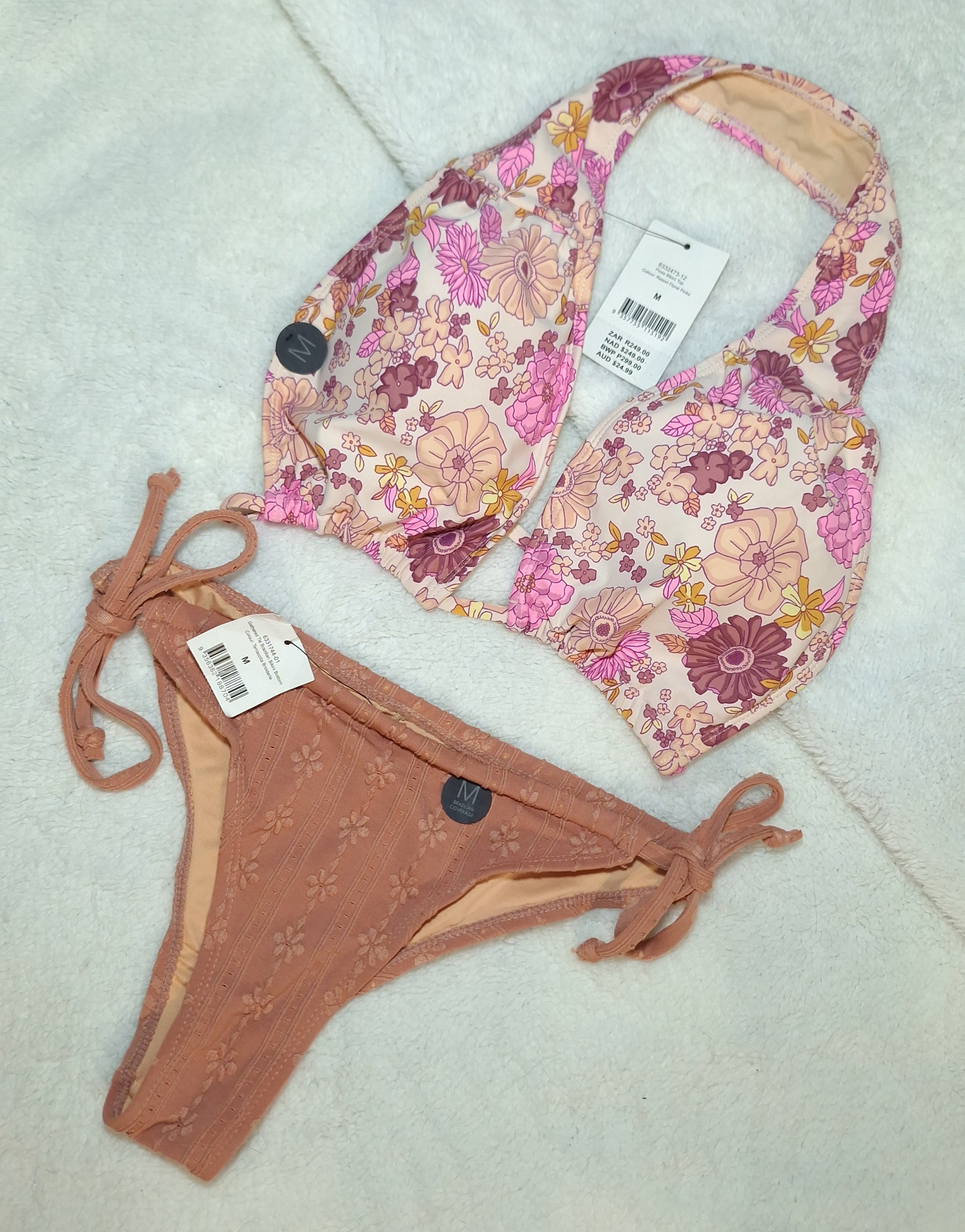 Cotton On Floss Bikini Top Colour: Resort Floral Pinks Gathered Tie Brazilian Bikini Bottom Colour: Terracotta Broiderie