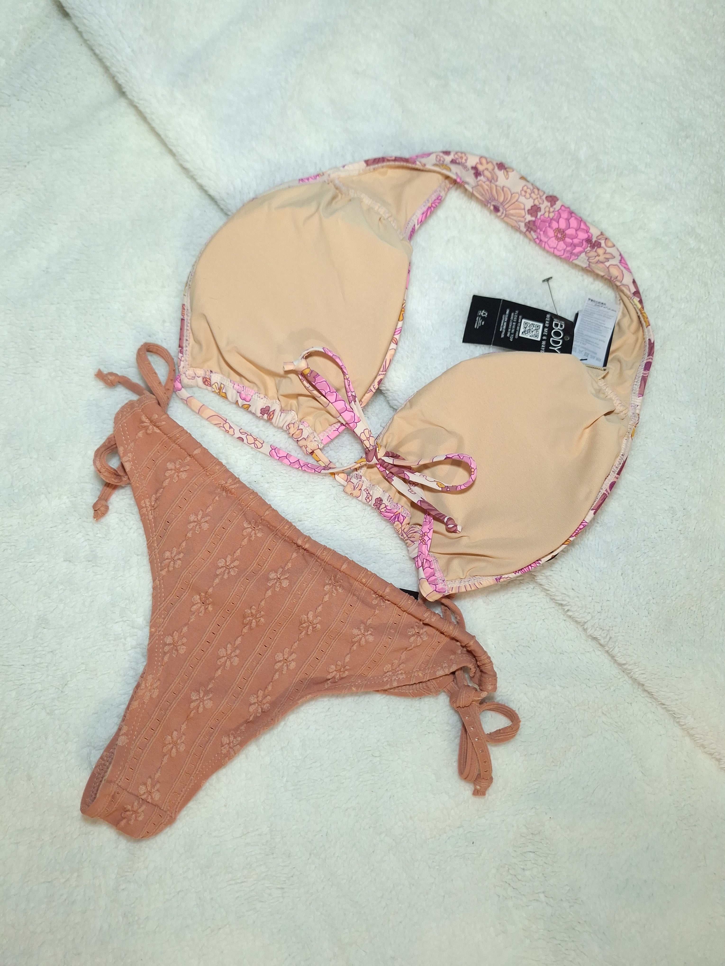 Cotton On Floss Bikini Top Colour: Resort Floral Pinks Gathered Tie Brazilian Bikini Bottom Colour: Terracotta Broiderie