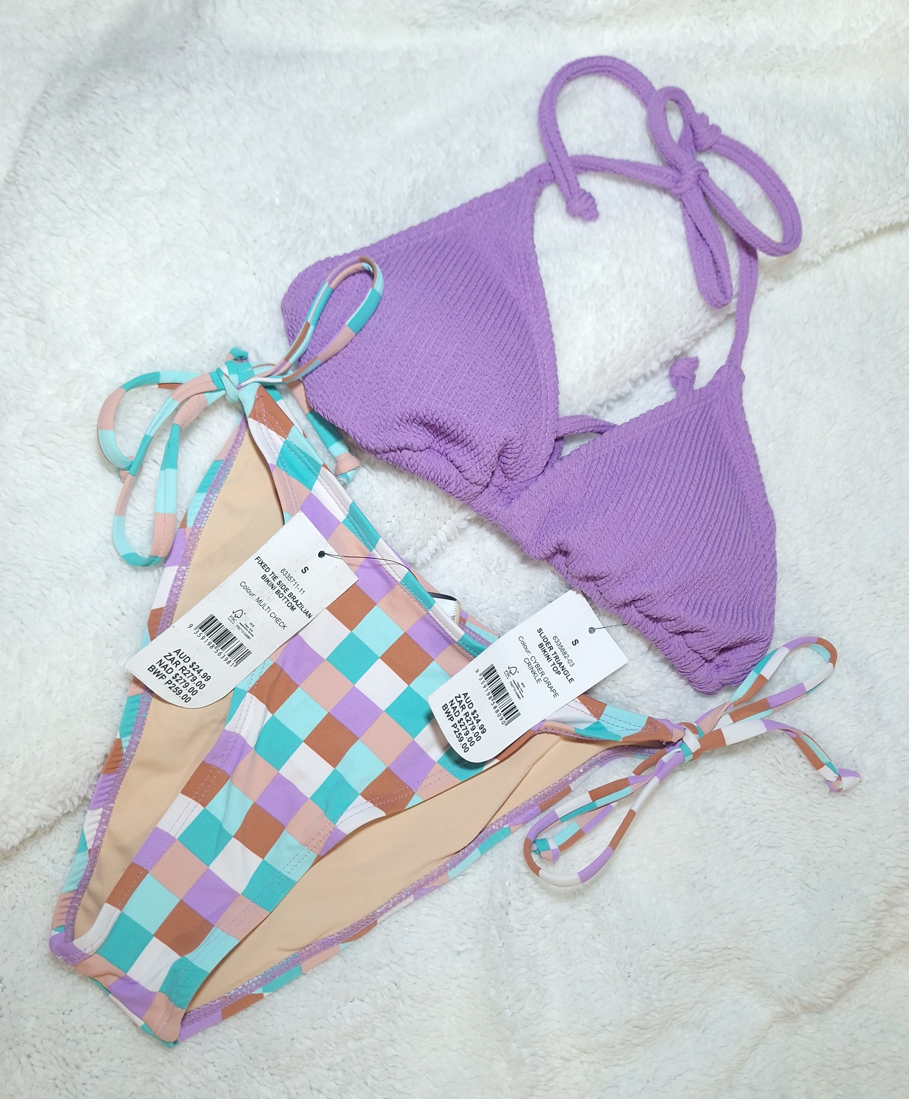 Cotton On Slider Triangle Bikini Top Colour: Cyber Grape Crinkle Fixed Tie Side Brazilian Bikini Bottom Colour: Multi Check