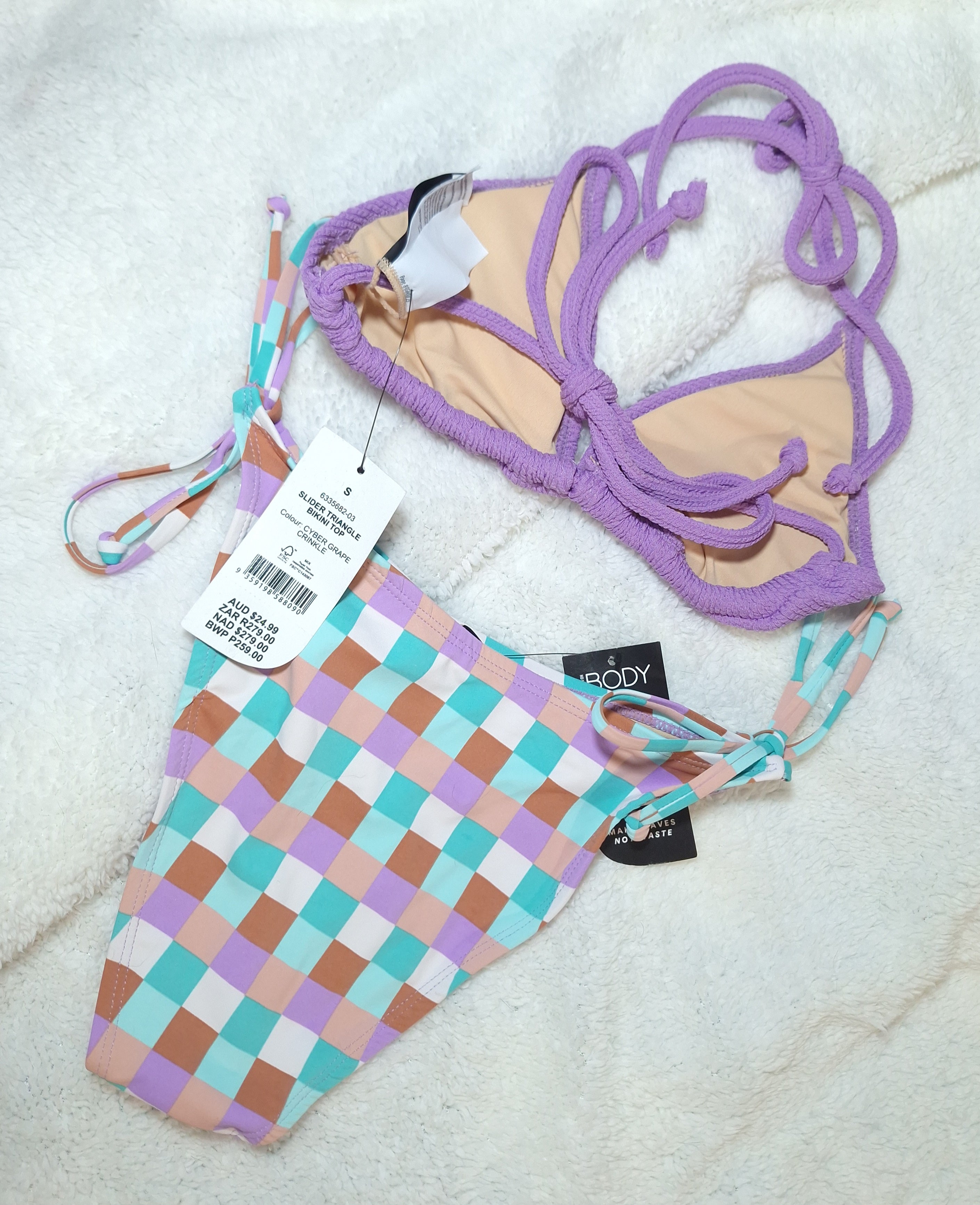 Cotton On Slider Triangle Bikini Top Colour: Cyber Grape Crinkle Fixed Tie Side Brazilian Bikini Bottom Colour: Multi Check