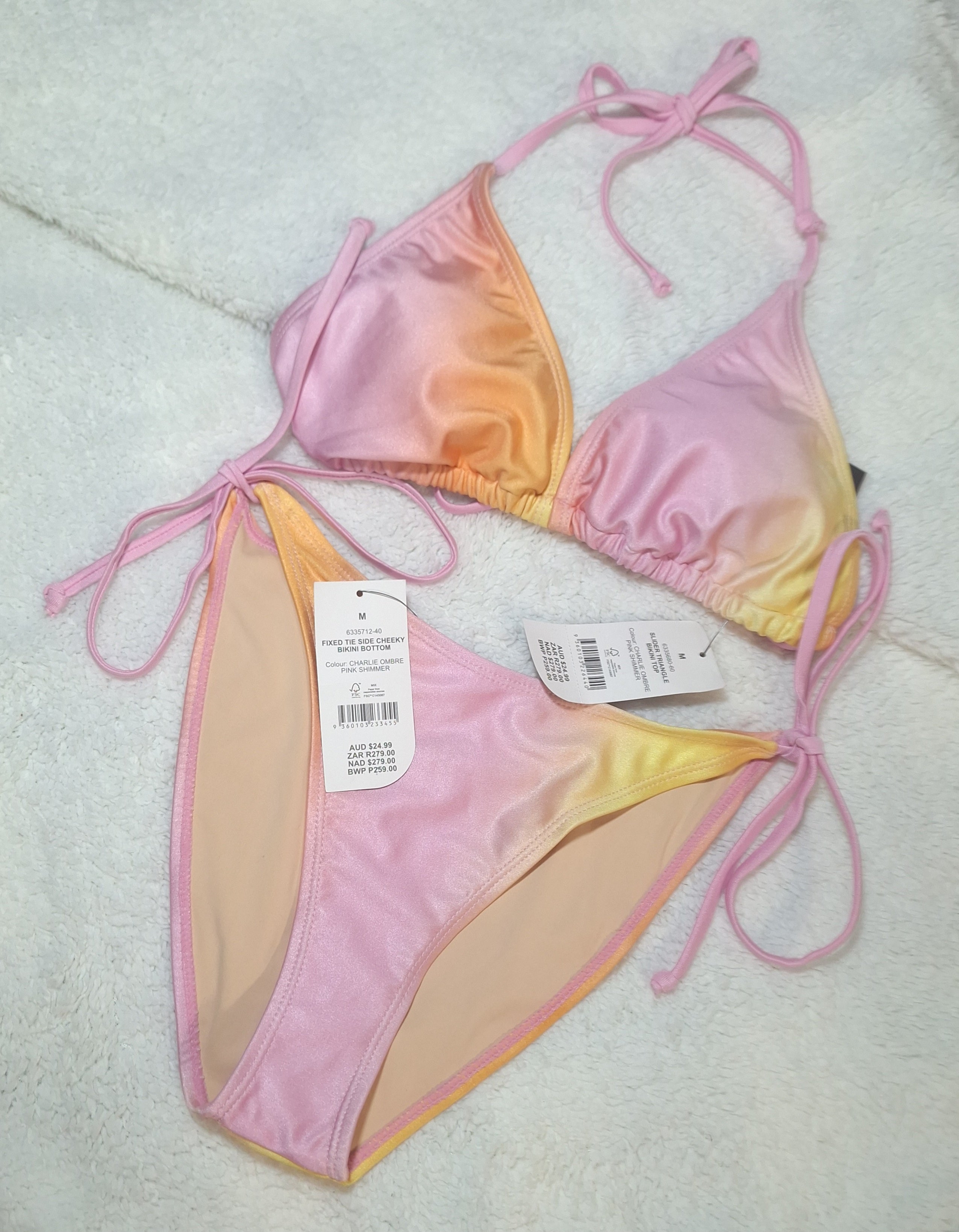Cotton On Slider Triangle Bikini Top and Fixed Tie Side Cheeky Bikini Bottom in Charlie Ombre Pink Shimmer