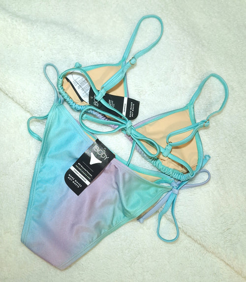 Cotton On  Micro Slider Triangle Bikini Top and Fixed Tie Side Cheeky Bikini Bottom in Charlie Ombre Green Shimmer