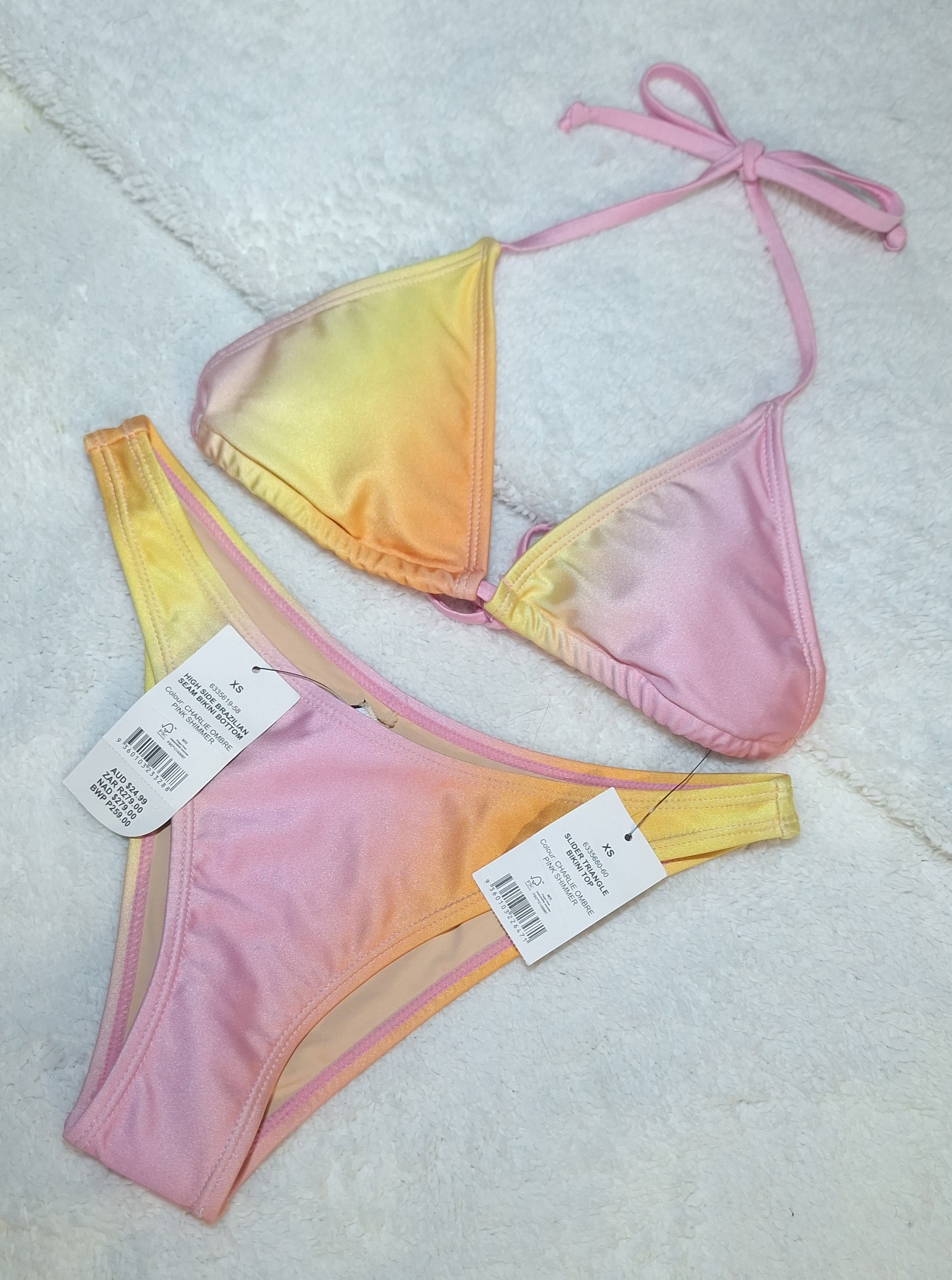 Cotton On Slider Triangle Bikini Top and High Side Brazilian Seam Bikini Bottom in Charlie Ombre Pink Shimmer