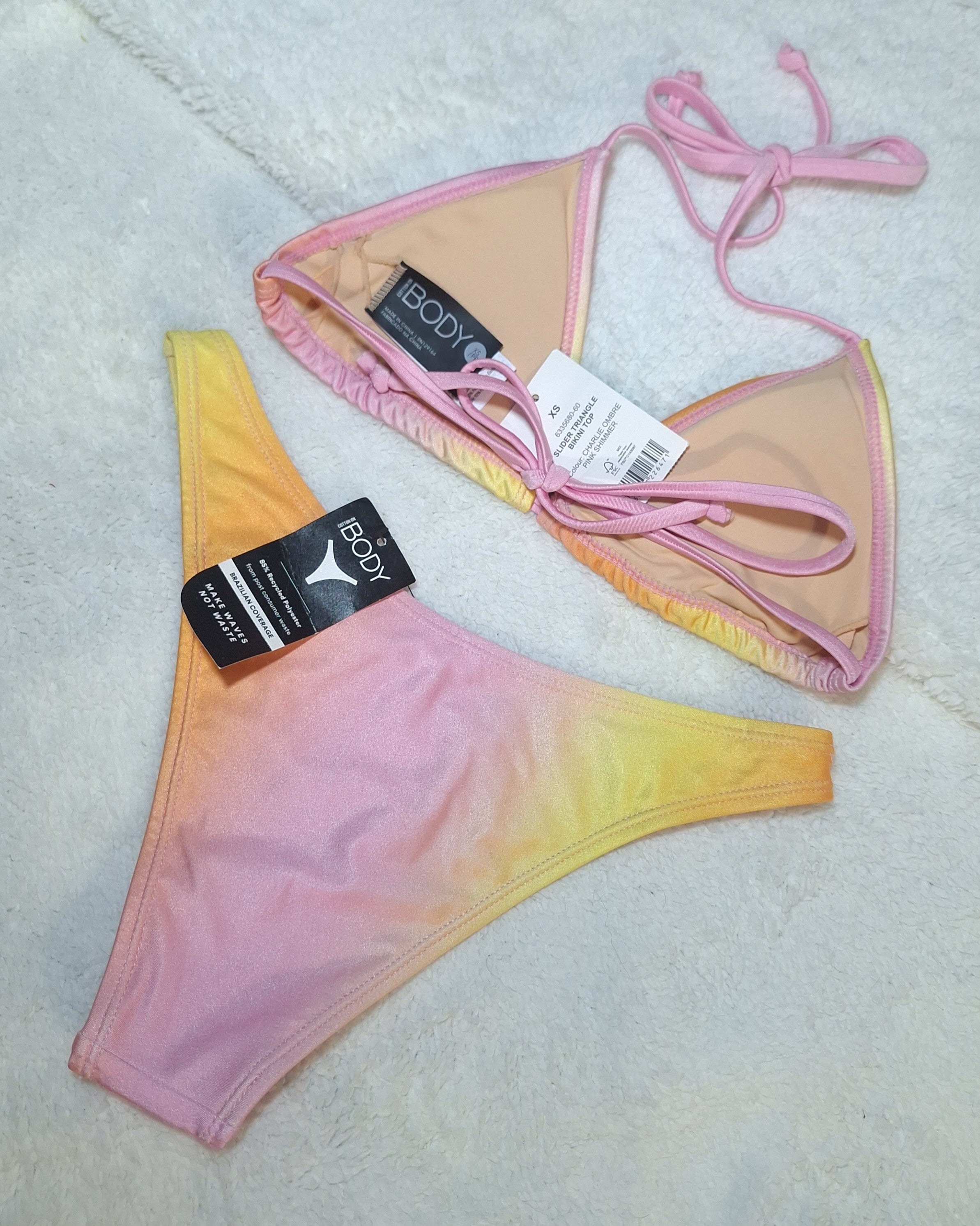 Cotton On Slider Triangle Bikini Top and High Side Brazilian Seam Bikini Bottom in Charlie Ombre Pink Shimmer