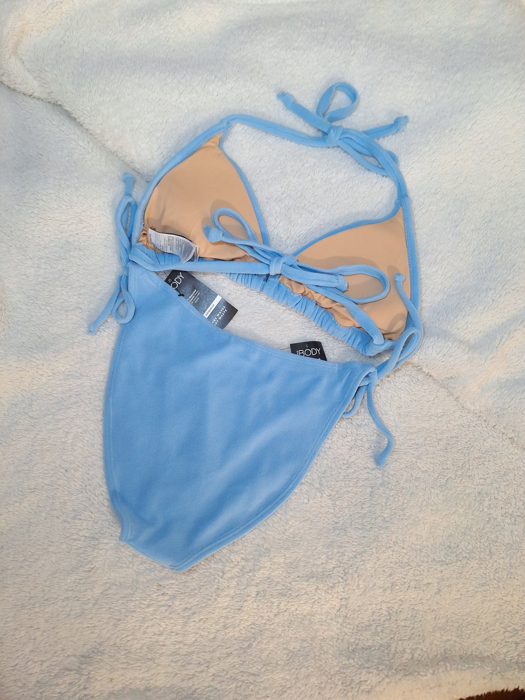 Cotton On Slider Triangle Bikini Top and Fixed Tie Side Cheeky Bikini Bottom in Blue Sky Terry