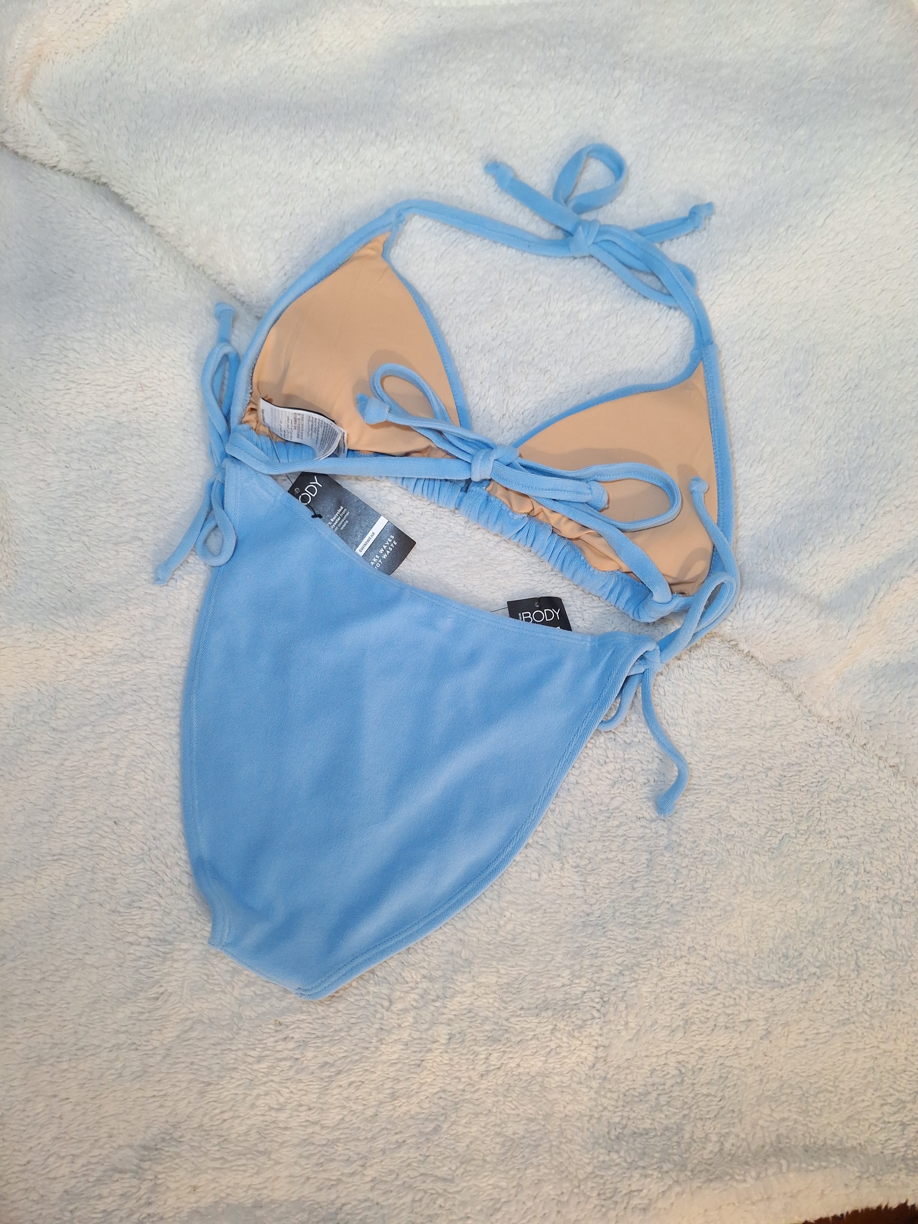 Cotton On Slider Triangle Bikini Top and Fixed Tie Side Cheeky Bikini Bottom in Blue Sky Terry