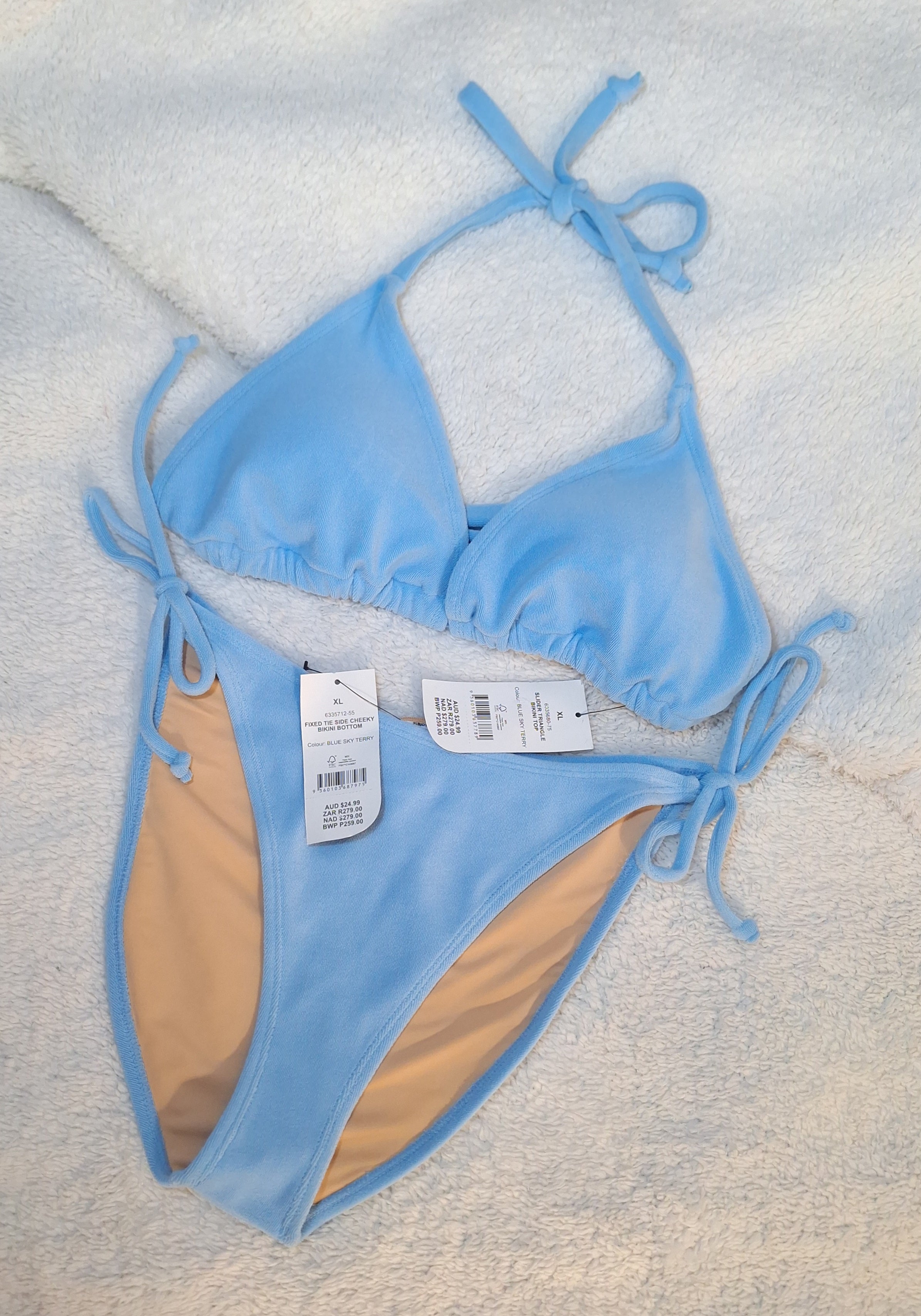 Cotton On Slider Triangle Bikini Top and Fixed Tie Side Cheeky Bikini Bottom in Blue Sky Terry