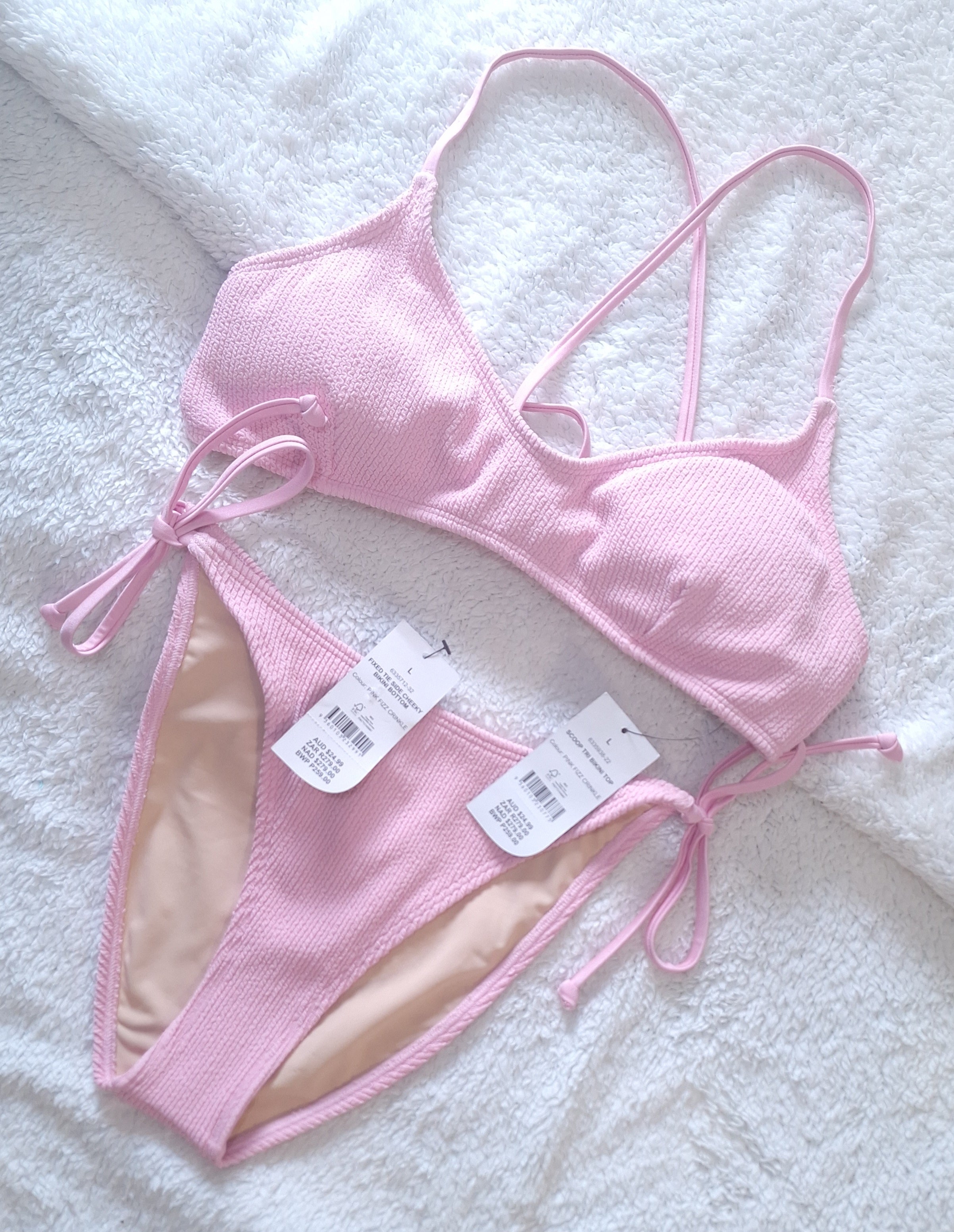 Cotton On Scoop Tri Bikini Top and Fixed Tie Side Cheeky Bikini Bottom in Pink Fizz Crinkle