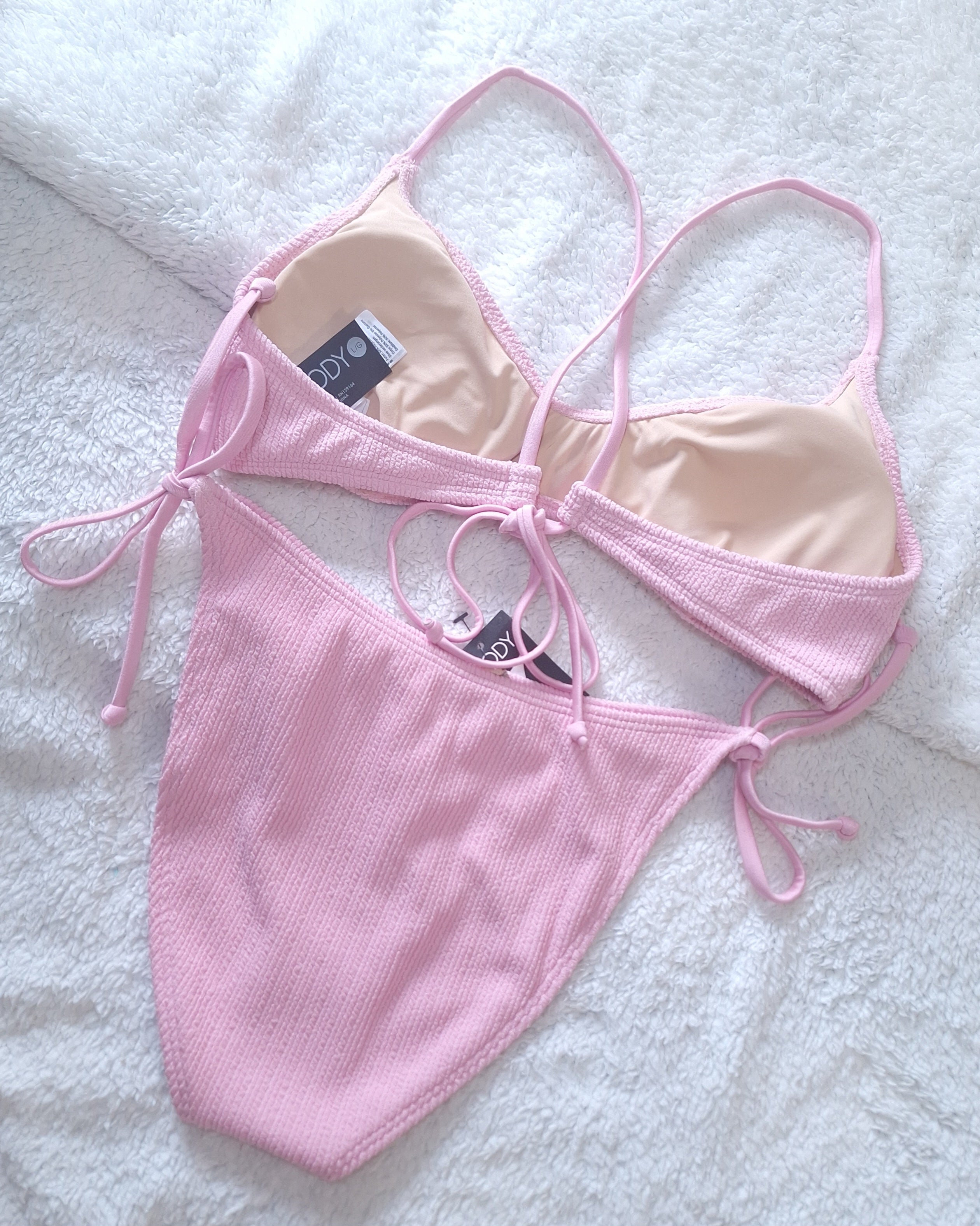 Cotton On Scoop Tri Bikini Top and Fixed Tie Side Cheeky Bikini Bottom in Pink Fizz Crinkle