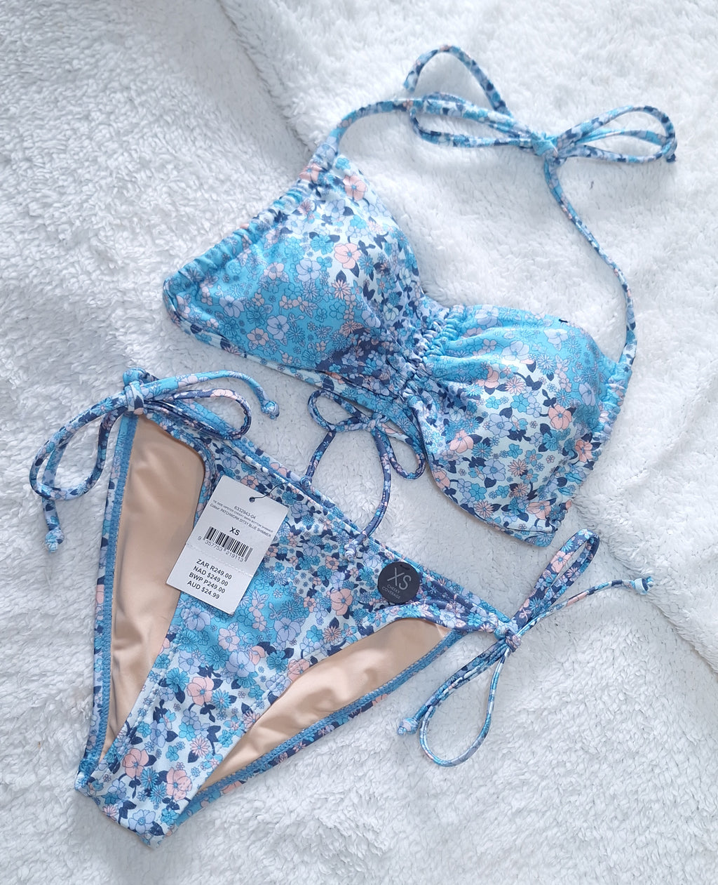 Cotton On Gathered Backless Halter Bikini Top with Tie Side Hipster Cheeky Bikini Bottom in Patchwork Ditsy Blue