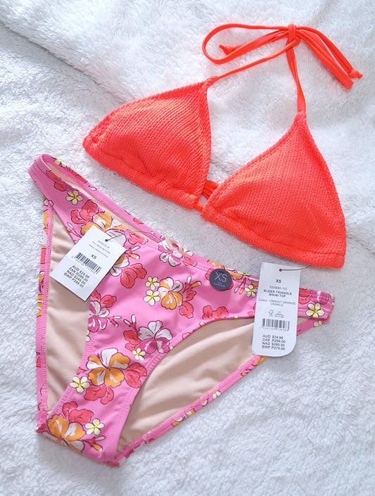 Cotton On Slider Triangle Bikini Top  Colour: Vibrant Orange Crinkle, Full Bikini Bottom  Colour: Hibiscus Pink