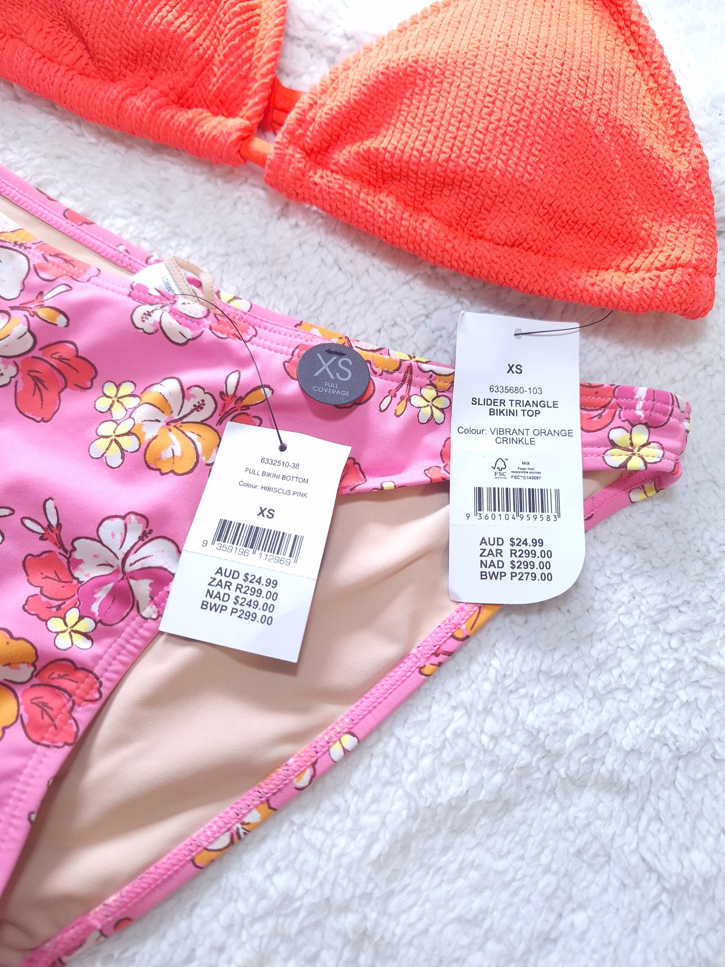 Cotton On Slider Triangle Bikini Top  Colour: Vibrant Orange Crinkle, Full Bikini Bottom  Colour: Hibiscus Pink