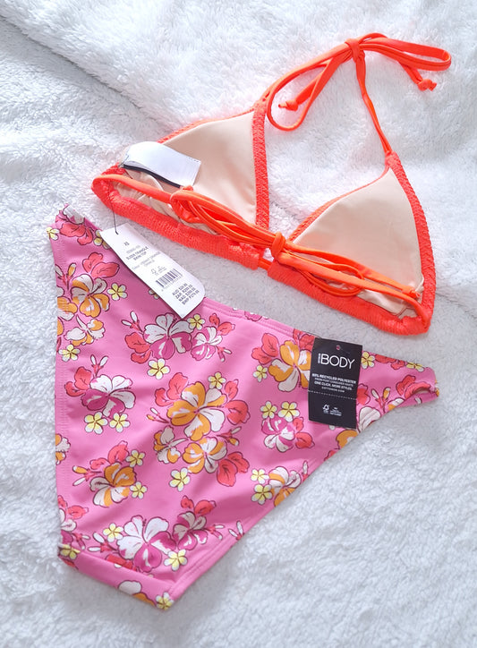 Cotton On Slider Triangle Bikini Top  Colour: Vibrant Orange Crinkle, Full Bikini Bottom  Colour: Hibiscus Pink