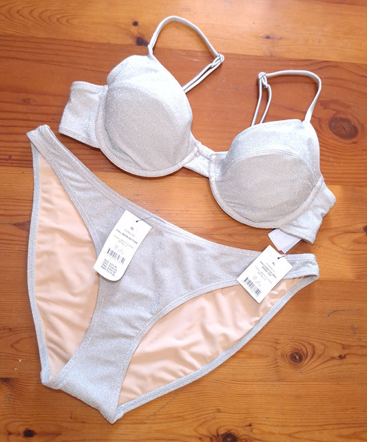 Cotton On Slider Triangle Bikini Top, Full Bikini Bottom  Colour: Misty Cloud Metallic
