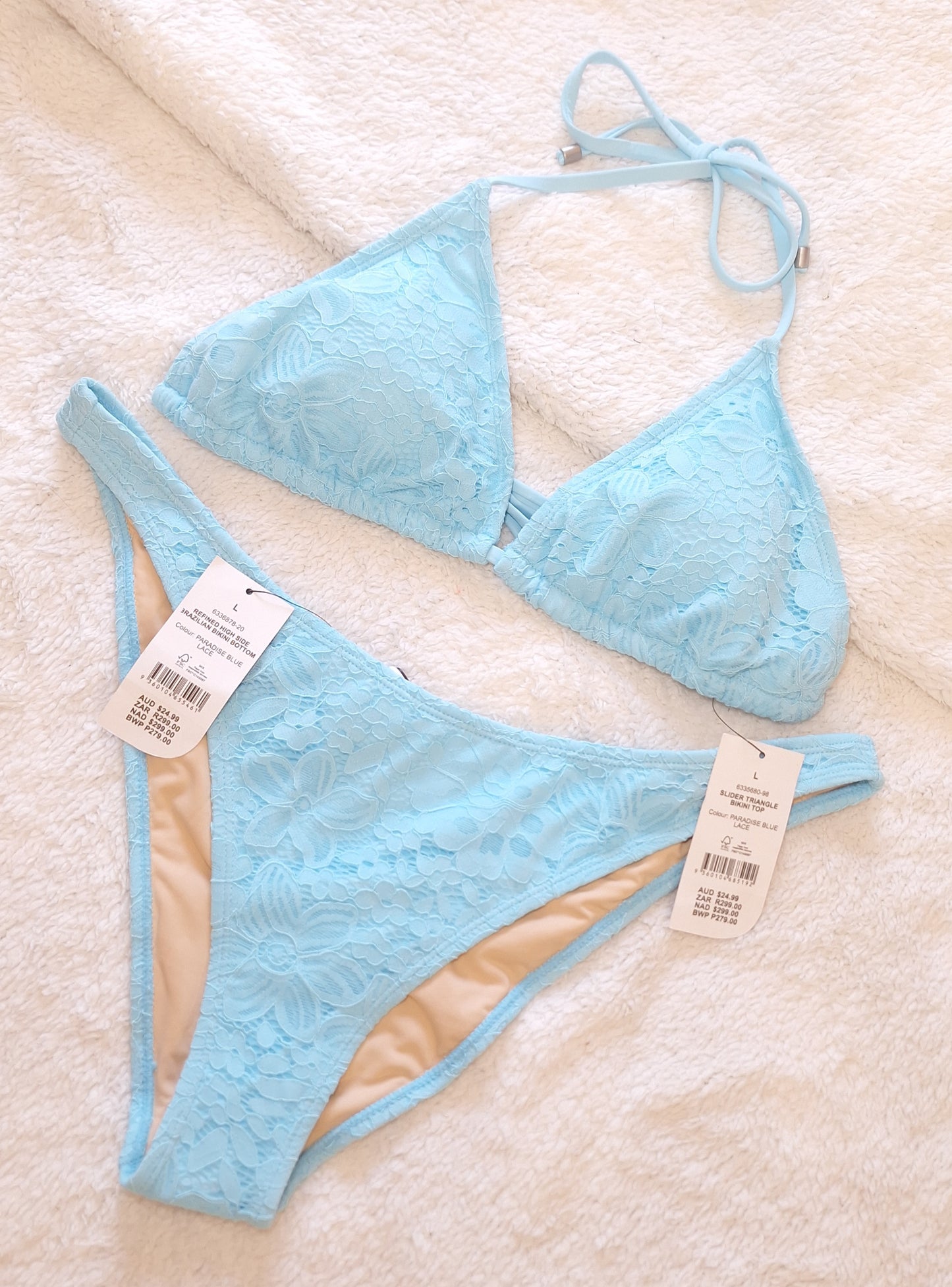 Katoen-op-skuif-driehoek-bikini-top, verfynde Brasiliaanse bikini-onderkant met hoë kant: Paradysblou kant