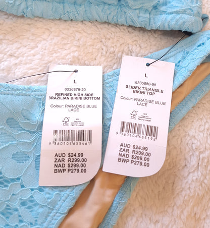 Katoen-op-skuif-driehoek-bikini-top, verfynde Brasiliaanse bikini-onderkant met hoë kant: Paradysblou kant