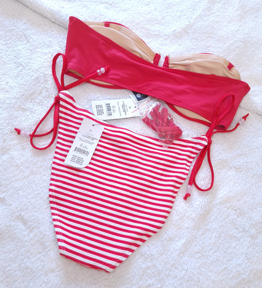 Cotton On U Front Bandeau Bikini Top Colour: Lobster Red, Fixed Tie Side Cheeky Bikini Bottom Colour: Lobster Red Crinkle Stripe