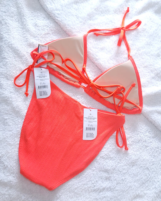Cotton On Slider Triangle Bikini Top, Fixed Tie Side Cheeky Bikini Bottom Colour: Vibrant Orange Crinkle