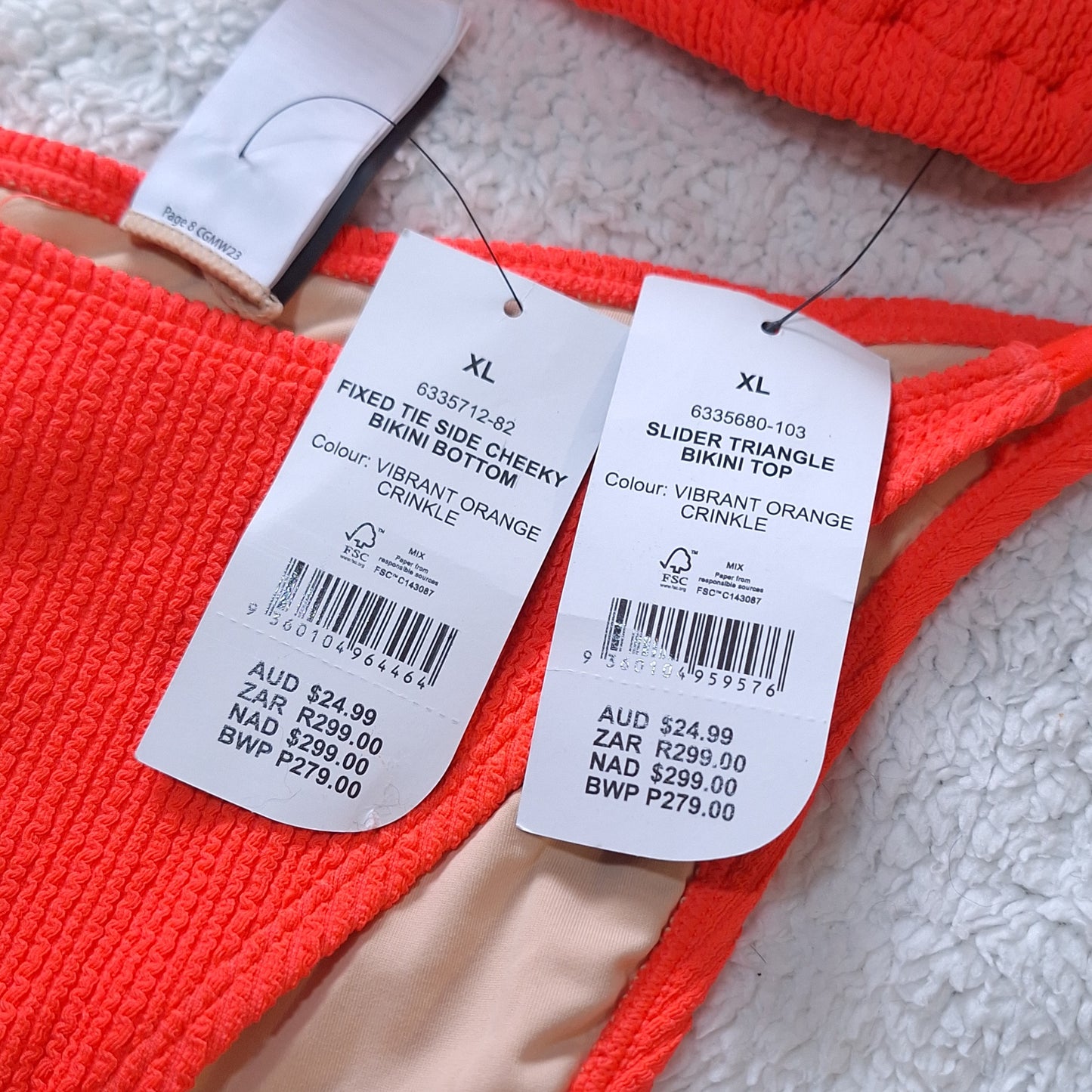 Katoen-op-skuif-driehoek-bikini-top, vaste das-kant Cheeky bikini-onderkant kleur: lewendige oranje kreukel