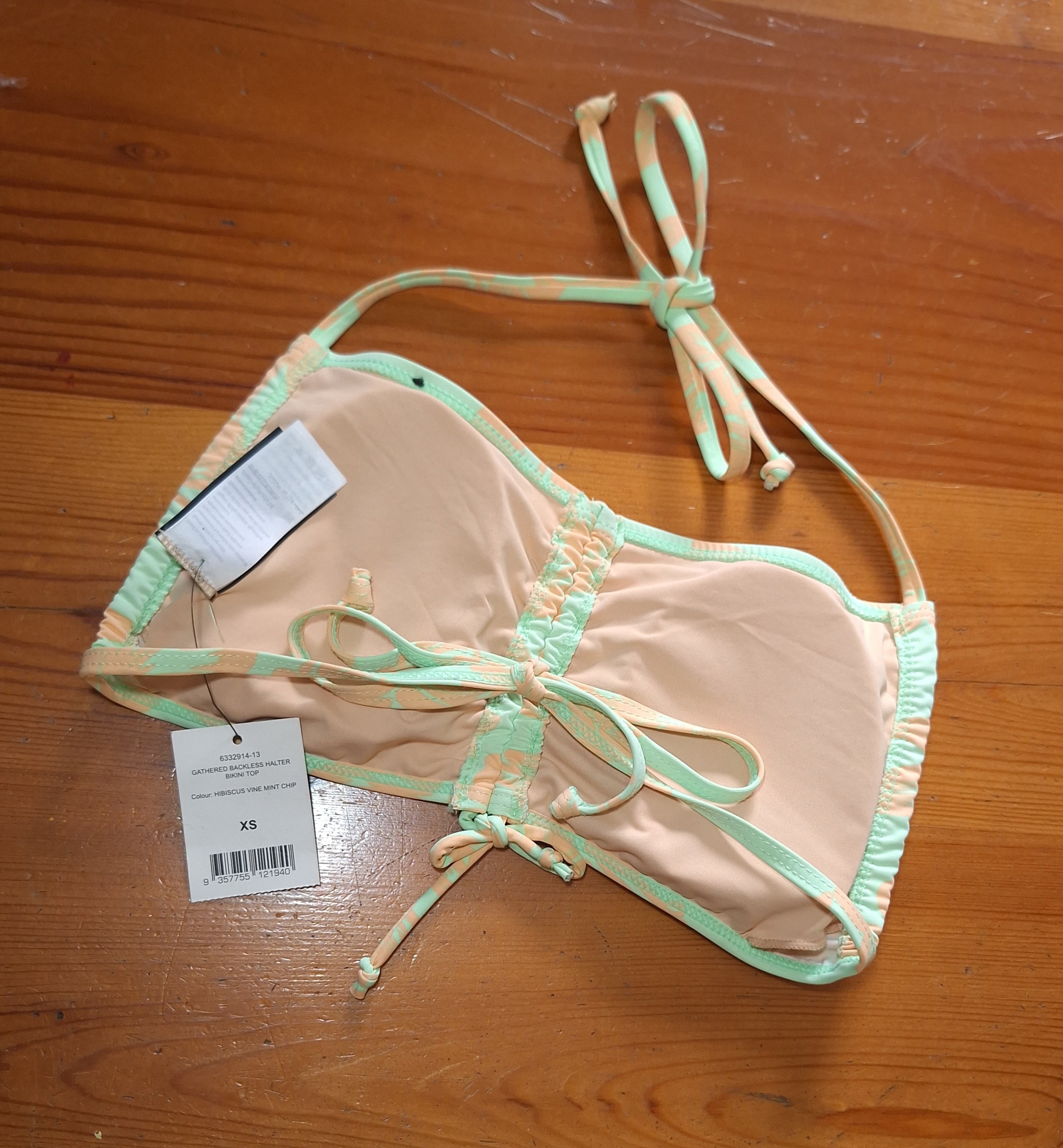 Cotton On Gathered Backless Halter Bikini Top  Colour: Hibiscus Vine Mint Chip