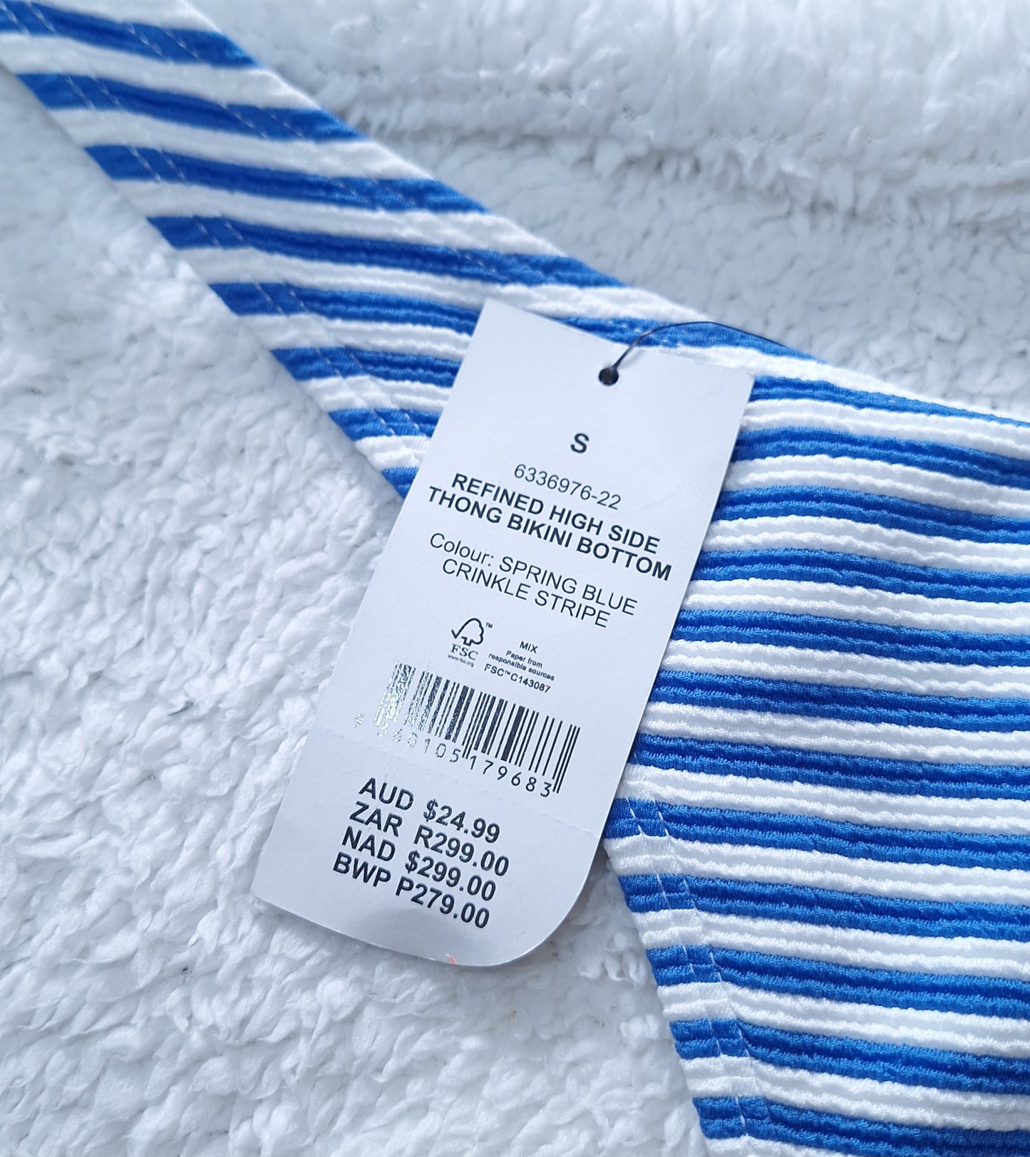 Cotton On Refined High Side Thong Bikini  Colour: Spring Blue Crinkle Stripe