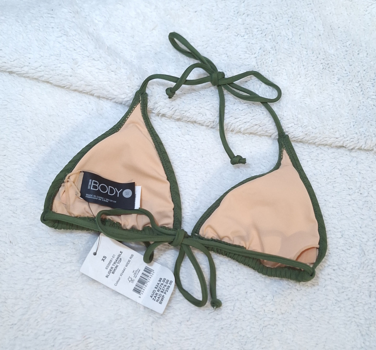 Katoen Op Slider Driehoek Bikini Top Kleur: Khaki Wye Rib