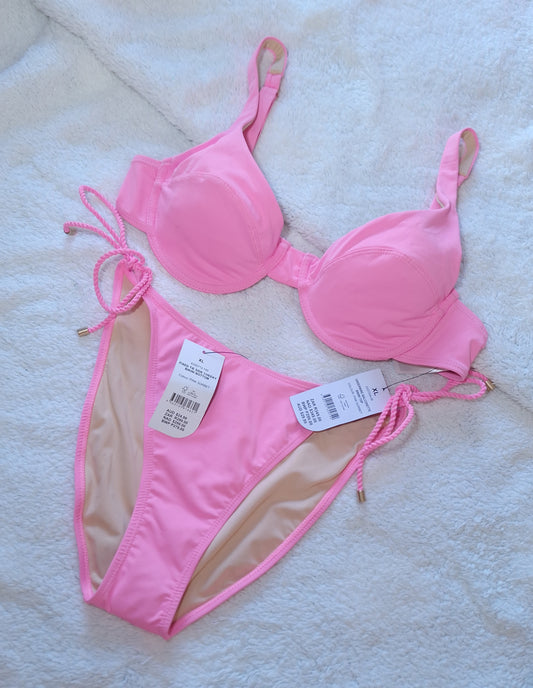 Katoen op beugel Balconette Bikini Top, Vaste Dak Kant Cheeky Bikini Onderkant Kleur: Pienk Sorbet