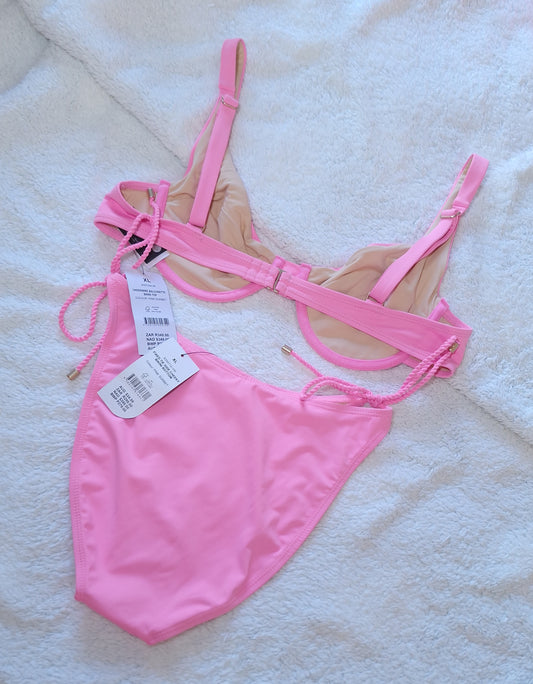 Katoen op beugel Balconette Bikini Top, Vaste Dak Kant Cheeky Bikini Onderkant Kleur: Pienk Sorbet