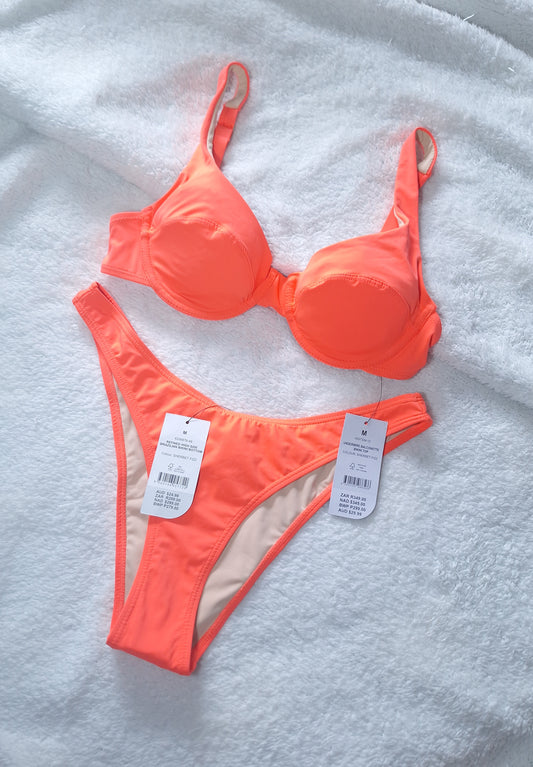 Katoen-op-beugel-balkon-bikini-top, verfynde Brasiliaanse bikini-onderkant met hoë kant: Sherbet Fizz