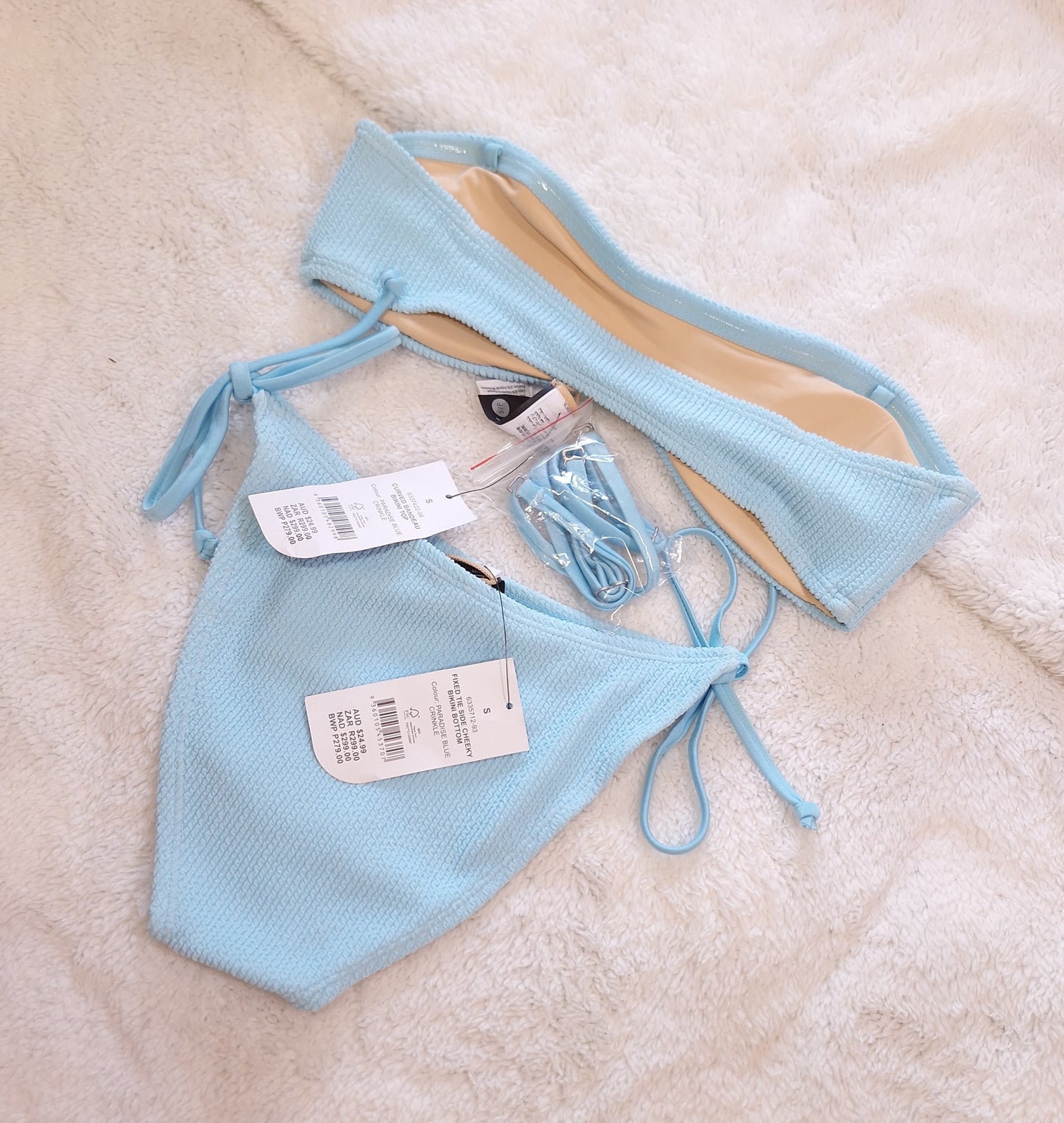 Cotton On Curved Bandeau Bikini Top, Fixed Tie Side Cheeky Bikini Bottom  Colour: Paradise Blue Crinkle