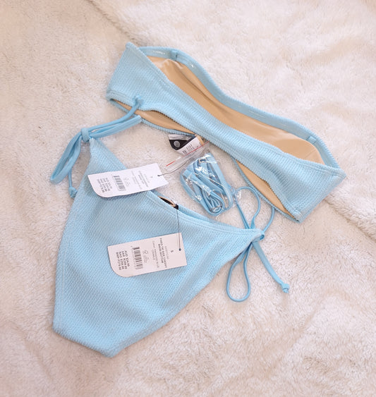 Cotton On Curved Bandeau Bikini Top, Fixed Tie Side Cheeky Bikini Bottom  Colour: Paradise Blue Crinkle
