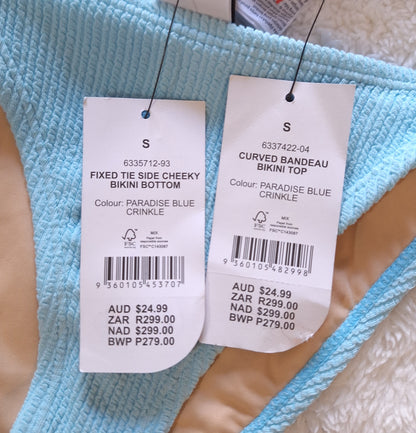 Cotton On Curved Bandeau Bikini Top, Fixed Tie Side Cheeky Bikini Bottom  Colour: Paradise Blue Crinkle