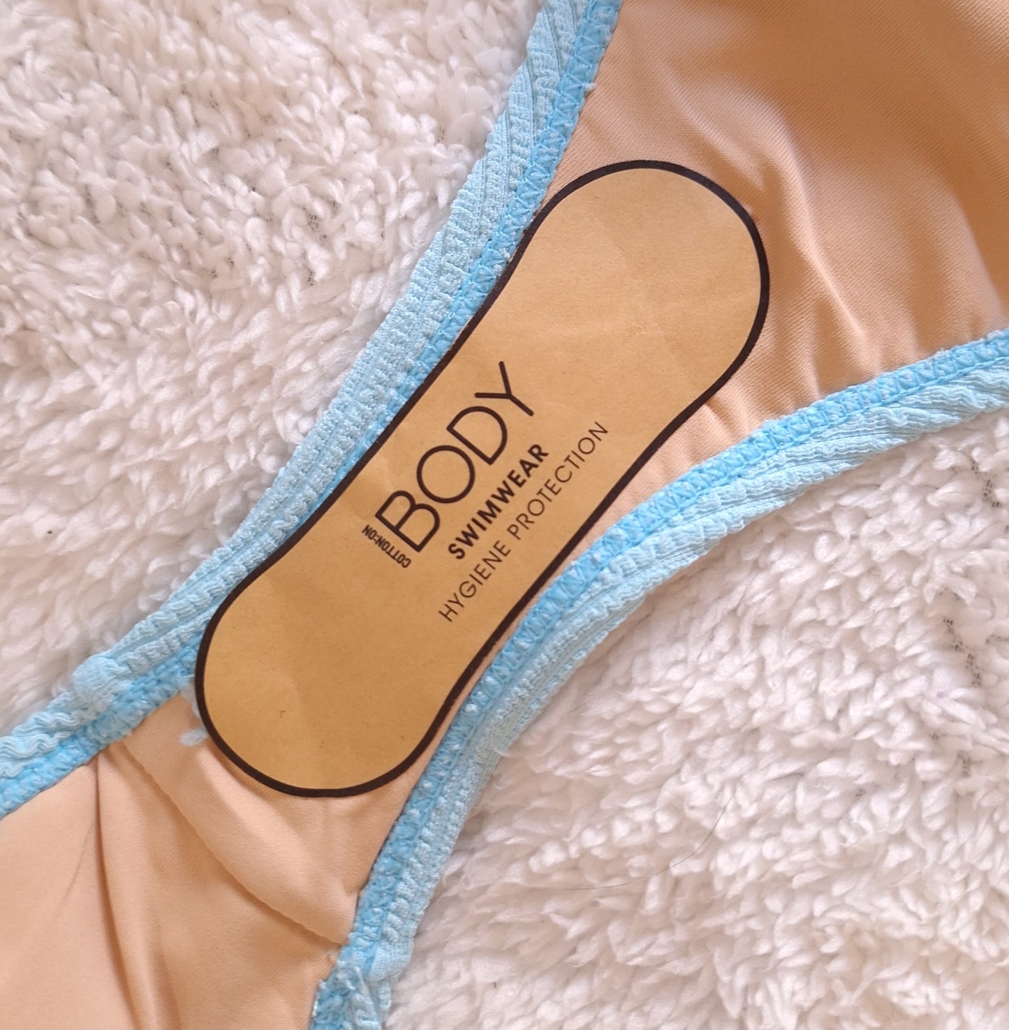 Cotton On Curved Bandeau Bikini Top, Fixed Tie Side Cheeky Bikini Bottom  Colour: Paradise Blue Crinkle