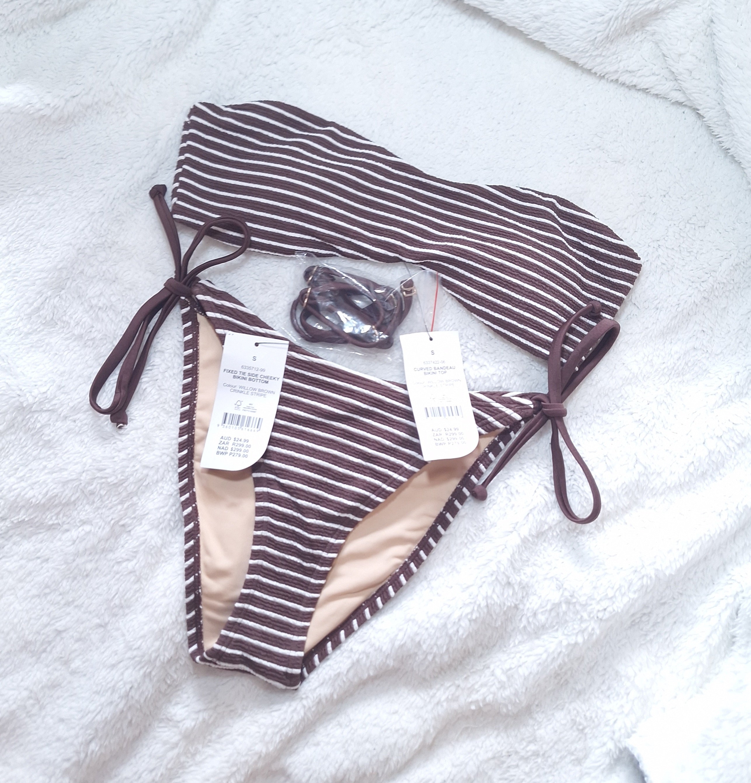 Cotton On   Curved Bandeau Bikini Top, Fixed Tie Side Cheeky Bikini Bottom Colour: Willow Brown Crinkle Stripe