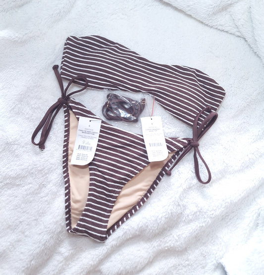 Cotton On   Curved Bandeau Bikini Top, Fixed Tie Side Cheeky Bikini Bottom Colour: Willow Brown Crinkle Stripe