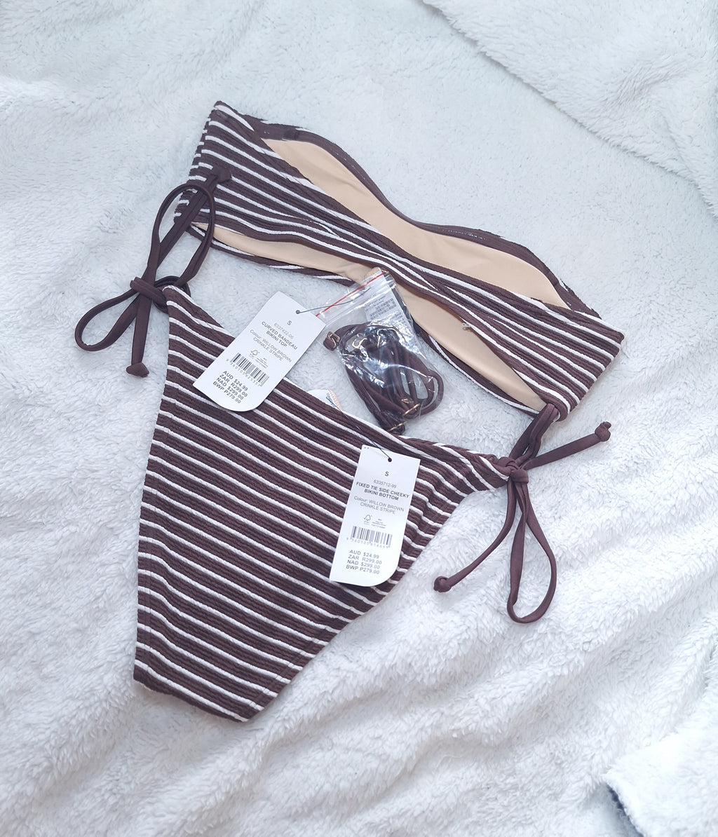 Cotton On   Curved Bandeau Bikini Top, Fixed Tie Side Cheeky Bikini Bottom Colour: Willow Brown Crinkle Stripe