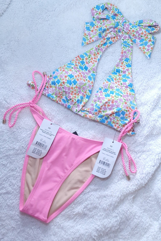 Cotton On High Apex Slider Triangle Bikini Top Kleur: Gina Floral, Vaste das Kant Cheeky Bikini Onderkant Kleur: Pienk Sorbet