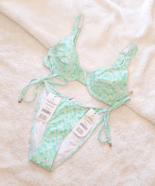 Katoen op beugel Balconette Bikini Top, Vaste Dak Kant Cheeky Bikini Onderkant Kleur: Georgette Floral Greens
