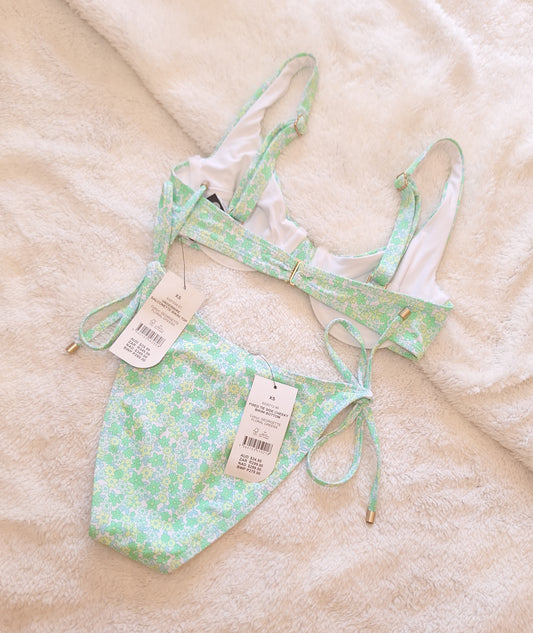 Katoen op beugel Balconette Bikini Top, Vaste Dak Kant Cheeky Bikini Onderkant Kleur: Georgette Floral Greens