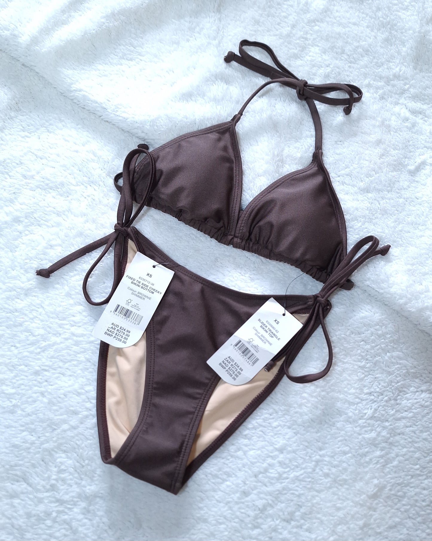 Cotton on Slider Triangle Bikini Top, Fixed Tie Side Cheeky Bikini Bottom Colour: Brownie Shimmer