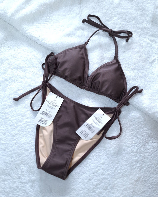 Cotton on Slider Triangle Bikini Top, Fixed Tie Side Cheeky Bikini Bottom Colour: Brownie Shimmer