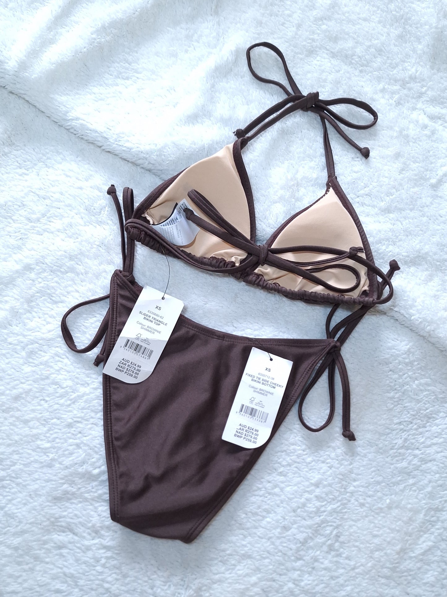 Cotton on Slider Triangle Bikini Top, Fixed Tie Side Cheeky Bikini Bottom Colour: Brownie Shimmer
