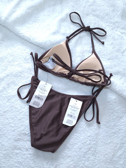 Cotton on Slider Triangle Bikini Top, Fixed Tie Side Cheeky Bikini Bottom Colour: Brownie Shimmer