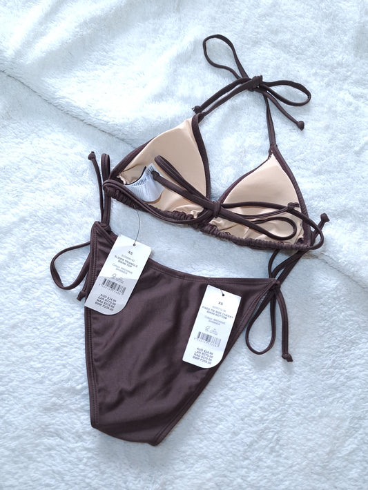 Cotton on Slider Triangle Bikini Top, Fixed Tie Side Cheeky Bikini Bottom Colour: Brownie Shimmer