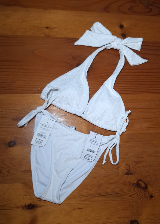 Katoen op Hoë Top Slider Driehoek Bikini Top, Vaste Das Kant Cheeky Bikini Onderkant Kleur: White Daisy Jacquard