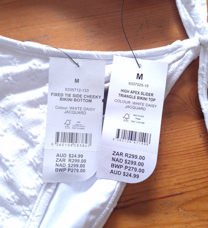 Katoen op Hoë Top Slider Driehoek Bikini Top, Vaste Das Kant Cheeky Bikini Onderkant Kleur: White Daisy Jacquard