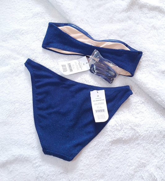 Cotton on Curved Bandeau Bikini Top, Full Bikini Bottom Colour: Deep Blue Metallic